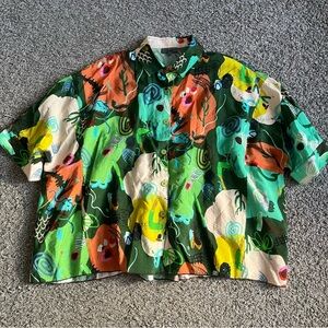 Shana Short Sleeve Women's Button Down Shirt Abstract Jungle Maximalist Artsy XL